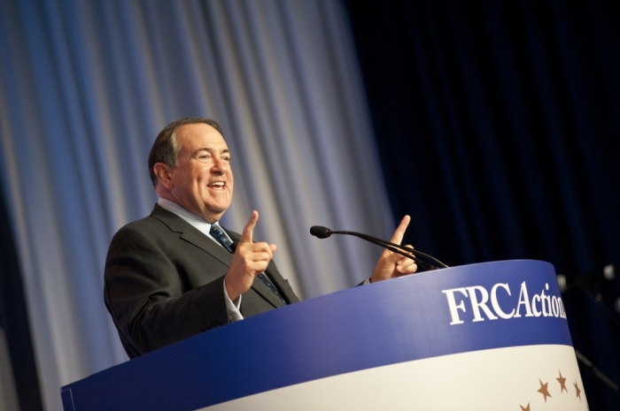 Mike Huckabee, former Arkansas governor and host of Fox News' 'Huckabee,' speaking at the Values Voters Summit at the Omni Shoreham Hotel in Washington, Friday, September 26, 2014.