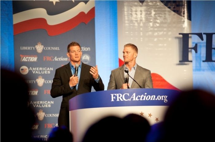 Jason and David Benham speak to religious conservatives at the Family Research Council's Values Voter Summit in Washington, Friday, September 26, 2014.