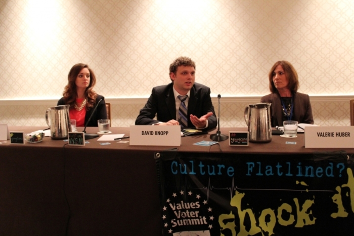 (L to R) Chelsen Vicari, David Knopp and Valerie Huber address young conservatives at a Values Voter Summit breakout session entitled 'Sexuality in the Hook-up Culture,' in Washington, D.C. Saturday, September 27, 2014.