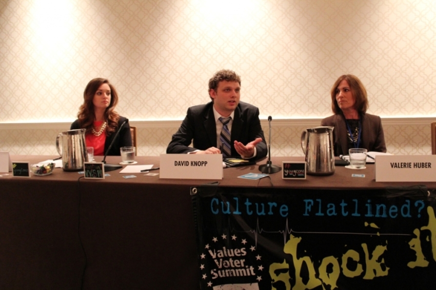(L to R) Chelsen Vicari, David Knopp and Valerie Huber address young conservatives at a Values Voter Summit breakout session entitled "Sexuality in the Hook-up Culture," in Washington, D.C. Saturday, September 27, 2014.