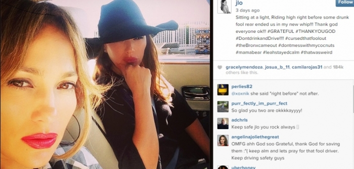 Singer, actress Jennifer Lopez took to Instagram vent after a Saturday September 27, 2014 fender-bender.