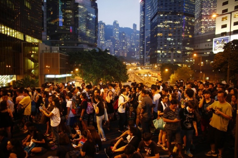 Hong Kong protesters on a bridge block the main street to Central district on Sept. 30, 2014.