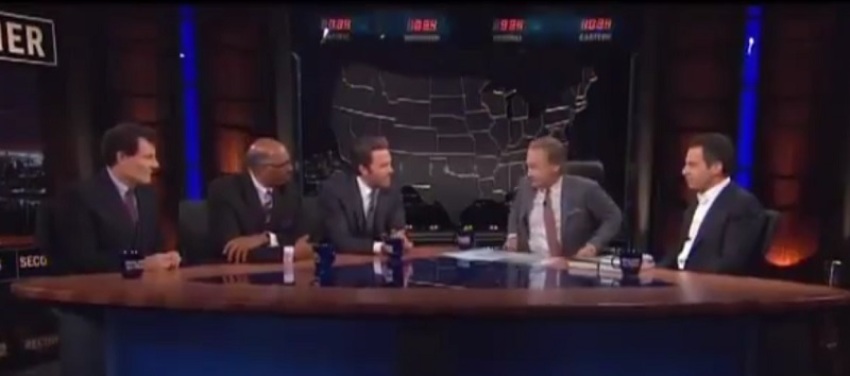 Ben Affleck (third from right) and host Bill Maher (second from right) in a debate on "Real Time with Bill Maher" on Oct. 3, 2014.