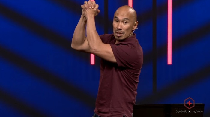 Francis Chan tells thousands of church leaders to get back to the basics of the Gospel at the Exponential West conference held at Saddleback Church in Lake Forest, California, Oct. 7, 2014.