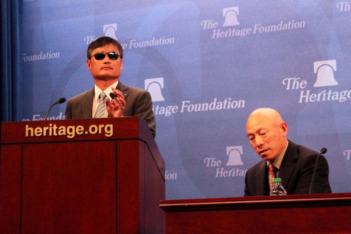 Chen Guangcheng addresses the audience at a Heritage Foundation event in Washington D.C. on Oct. 9, 2014. He highlighted the mistreatment of pregnant women, their husbands and relatives under China's one child law.