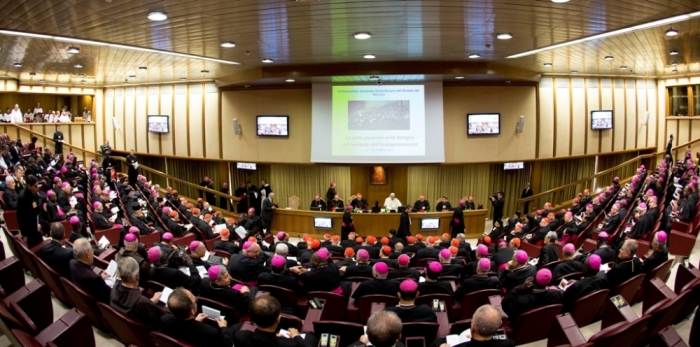 Pope Francis leads the Synod of Bishops in Paul VI's hall at the Vatican on Oct. 6, 2014. 