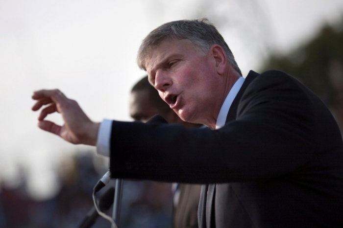 Franklin Graham, son of evangelist Billy Graham, addresses the crowd at the Festival of Hope, an evangelistic rally held at the national stadium in Port-au-Prince, January 9, 2011.