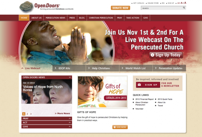 A screen shot of the Open Doors USA website promoting the International Day of Prayer for the Persecuted Church taking place November 1-2, 2014.