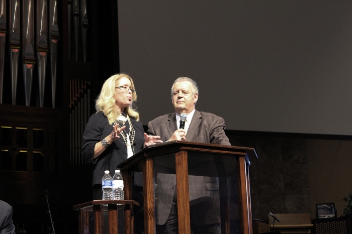 Donna Rice Hughes (L), president and CEO of Enough is Enough, and Dr. Richard Land, president of Southern Evangelical Seminary, at SES's 21st Annual National Conference on Christian Apologetics, Charlotte, N.C., Oct. 11, 2014.