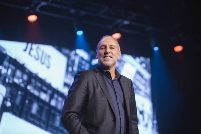 Pastor Brian Houston appears on stage during Hillsong’s 2014 conference in New York City at The Theater at Madison Square Garden.