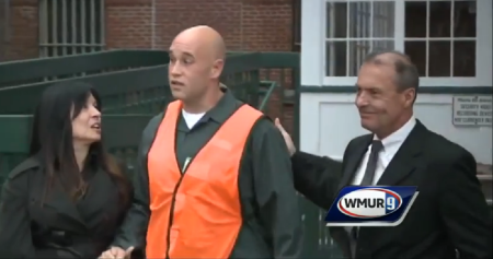 Deborah and Donald St. Laurent, embrace their son's killer and best friend, Christopher Bazar, 29 (c).