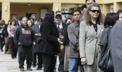 People lining up to file an application for unemployment benefits