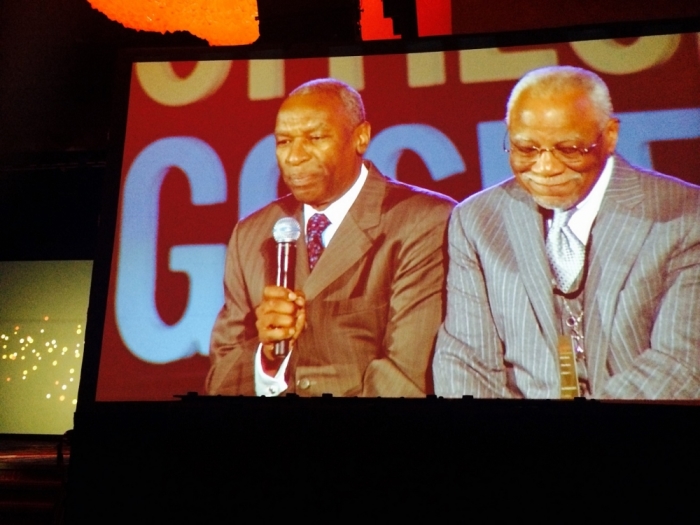 W. Wilson Goode Sr., former mayor of Philadelphia and president of Amachi (R), reacts as Floyd H. Flake (L), former U.S. congressman and senior pastor of Greater Allen A.M.E. Cathedral in Jamaica, New York, who recounts how he got into politics at the fifth annual Movement Day gathering in New York City, Thursday, Oct. 23, 2014.