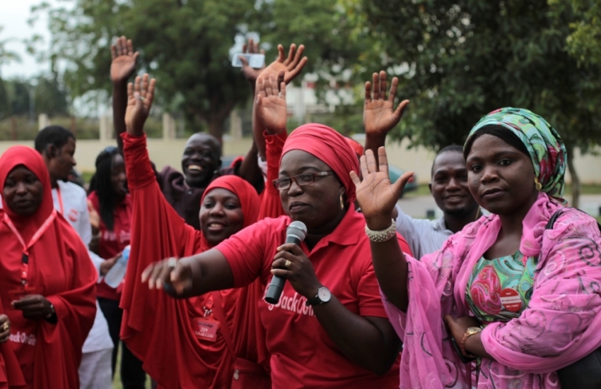 Campaigners from "#Bring Back Our Girls" gesture during a rally calling for the release of the Abuja school girls who were abducted by Boko Haram militants, in Abuja, Nigeria, October 17, 2014.