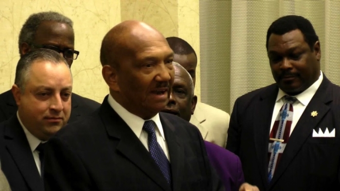 The Rev. William Owens, president of the Coalition of African American Pastors, speaks at a press conference in Houston, Texas, Tuesday, Oct. 28, 2014, in support of the five pastors who were subpoenaed to hand over their sermons and speeches to Mayor Annise Parker and the city attorney. Owens was joined by Bishop Michael Bates, senior pastor of Calvary Christian Center in St. Louis, Missouri; Cherilyn Eagar, president of American Leadership Fund; and Jeff Chamberlain.