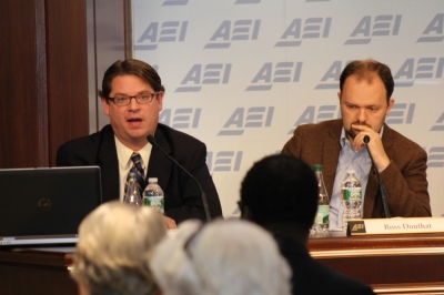 W. Bradford Wilcox (L), professor of sociology and director of the National Marriage Project at the University of Virginia and Ross Douthat (R), columnist for The New York Times, discussing a report on family structure and economic success at the American Enterprise Institute, Washington, D.C., Oct. 28, 2014.