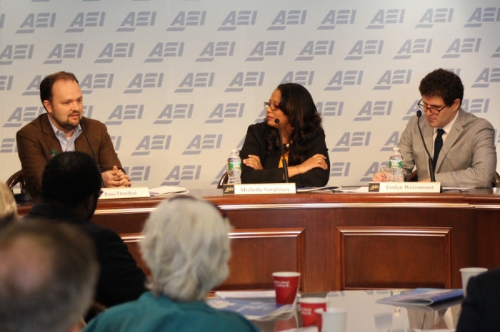 (L to R) Ross Douthat, The New York Times, Michelle Singletary, The Washington Post, Jordan Weissmann, Slate, discussing a report on family structure and economic success at the American Enterprise Institute, Washington, D.C., Oct. 28, 2014.