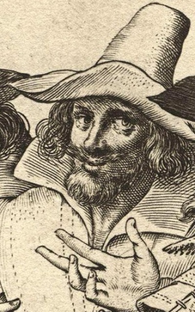 A close-up image of Guy Fawkes from a Dutch engraving by Crispijn van de Passe the Elder.
