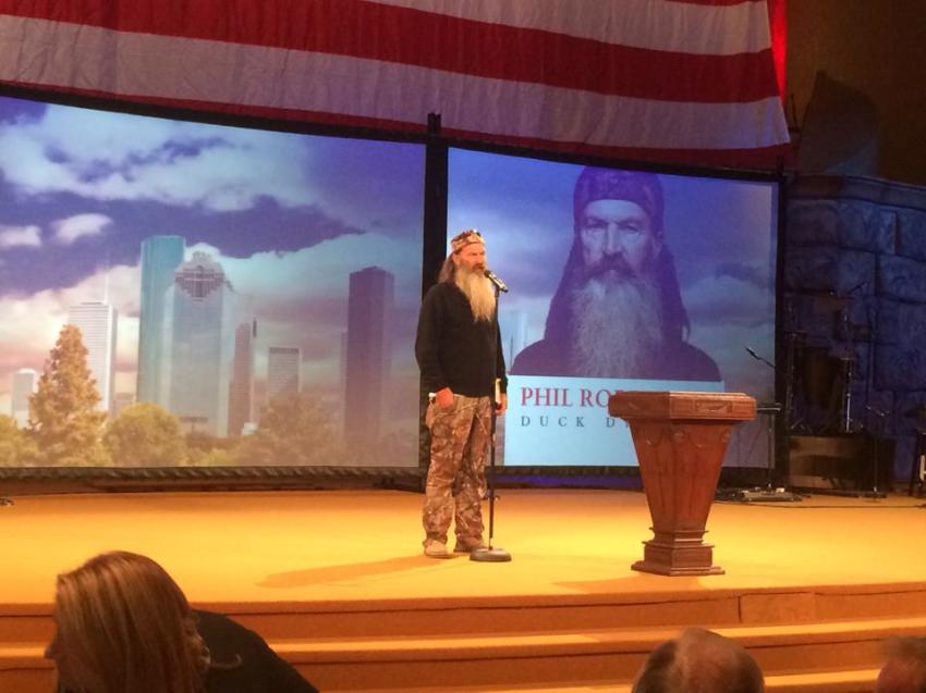 "Duck Dynasty" patriarch Phil Robertson at the "I Stand Sunday" event in Houston, Texas, Sunday, November 2, 2014.