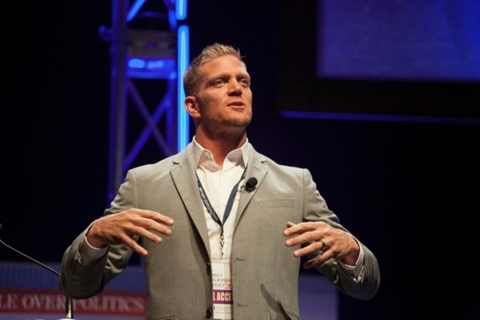 Business leader Jason Benham, whose reality show was cancelled following comments against same-sex marriage, speak at the Family Leadership Summit in Ames, Iowa, August 9, 2014.