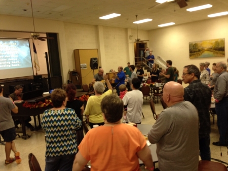 Congregants enjoy "Beer and Hymns night" at East Side Christian Church in Tulsa, Oklahoma.