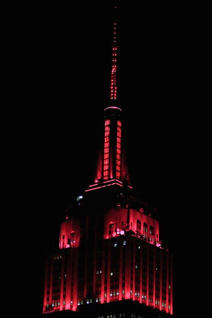 Empire State Building is seen lit up in red after Republicans win a majority in the U.S. Senate on Tuesday, November 4, 2014.