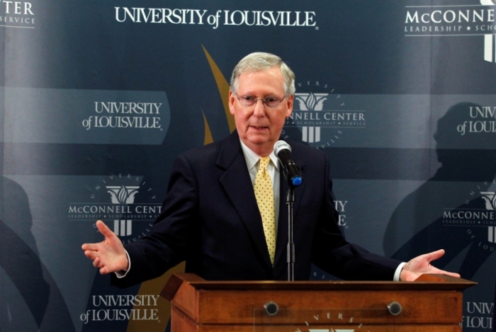 U.S. Senate minority leader Mitch McConnell holds a news conference on the day after he was re-elected to a sixth term to the U.S. Senate at the University of Louisville in Louisville, Kentucky, November 5, 2014. President Barack Obama said on Wednesday he thought he could have a productive relationship with McConnell, the Republican set to be the next Senate majority leader after his party won electoral victories on Tuesday.