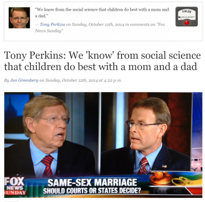 PolitiFact.com article posted Oct. 12, 2014. Pictured are Ted Olson (L) and Tony Perkins (R).