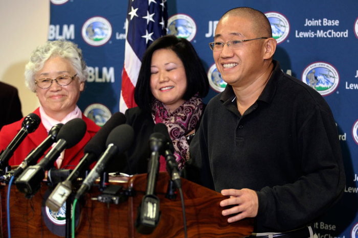 U.S. citizen Kenneth Bae (R), accompanied by his sister Terri and his mother Myunghee Bae (L), speaks to the media in a news conference after he and fellow American prisoner Matthew Todd Miller (not pictured) landed aboard a U.S. Air Force jet at McChord Field at Joint Base Lewis-McChord, Washington November 8, 2014. North Korea freed Bae and Matthew Todd Miller from prison after the surprise involvement of the top-ranking U.S. intelligence official in their release. Bae, a missionary from Washington state, was arrested in North Korea in November 2012 and sentenced to 15 years hard labor for crimes against the state. Miller, who reportedly was tried on an espionage charge, had been in custody since April this year and was serving a six-year hard labor sentence.