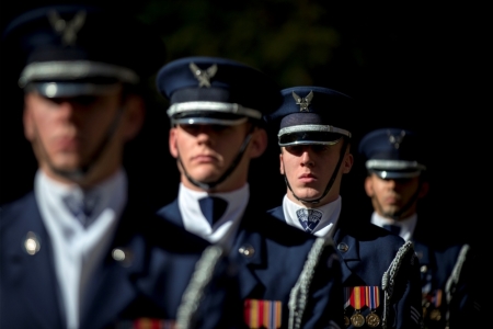Members of the U.S. Air Force Honor Guard stand at attention at the 9/11 Memorial in New York November 10, 2014. 