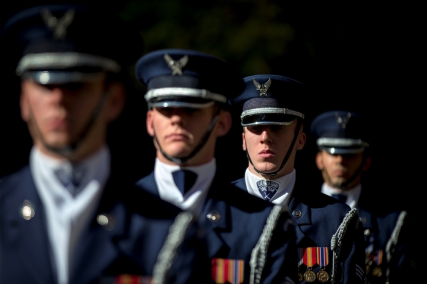 Members of the U.S. Air Force Honor Guard stand at attention at the 9/11 Memorial in New York November 10, 2014. 