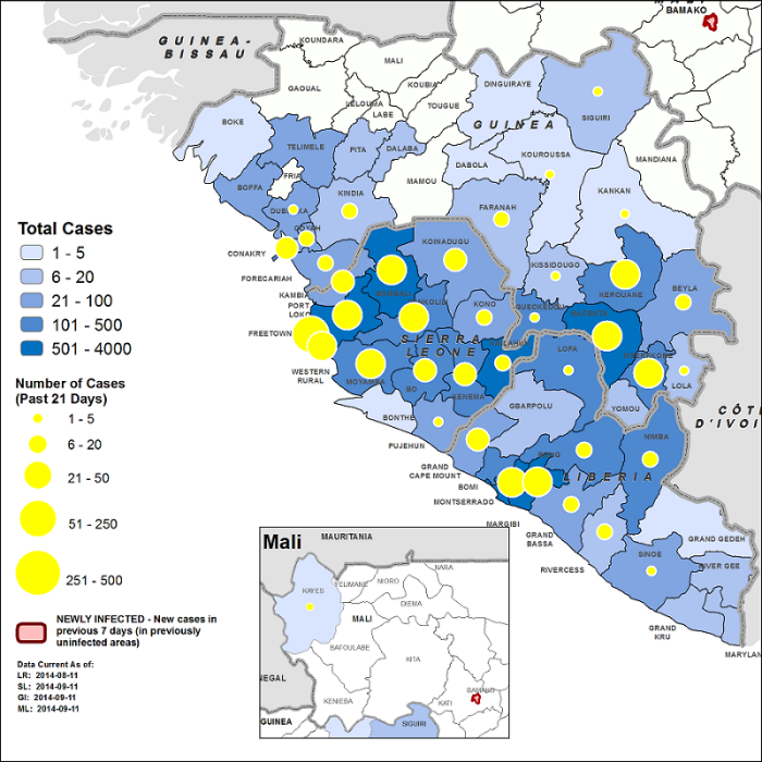 Geographical distribution of new cases and total cases in Guinea, Liberia, Mali and Sierra Leone published on November 12, 2014.