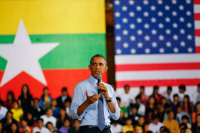 U.S. President Barack Obama speaks during a YSEALI (Young Southeast Asian Leaders Initiative) Town Hall at Yangon University in Yangon November 14, 2014