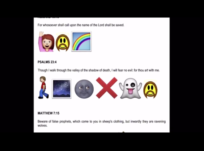 An example of the emoticon Bible project promoted by Kamran Kastle of Los Angeles, California.
