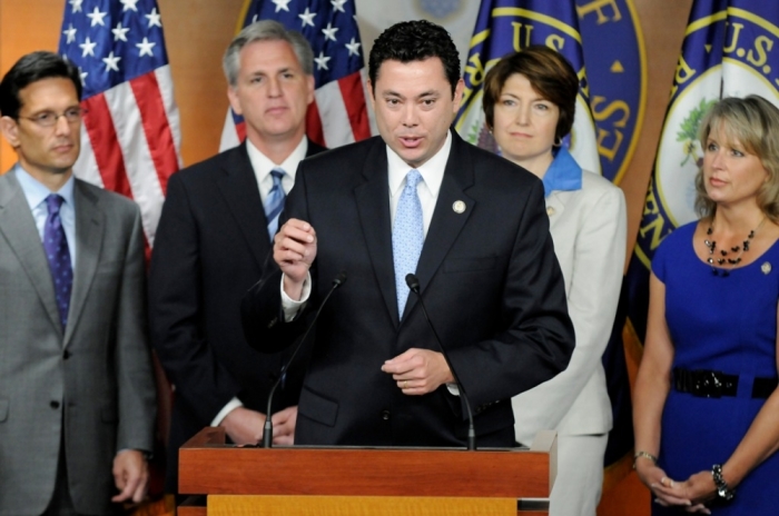 U.S. Rep. Jason Chaffetz, R-Utah, (C), flanked by former House Majority Leader Eric Cantor, R-Virginia, (L), Republican Whip Rep. Kevin McCarthy, R-California, (2nd L), Rep. Cathy McMorris Rodgers, R-Washington, (2nd R) and Rep. Renee Ellmers, R-North Carolina, (R), as he talks to reporters about Republicans' proposed deficit-cutting plan at the U.S. Capitol in Washington, July 19, 2011.