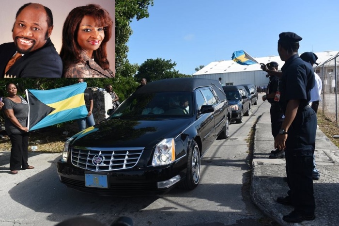 Three hearses carry the bodies of Myles Munroe, his wife, Ruth, as well as those of late-senior vice president and fellowship pastor of Bahamas Faith Ministries Richard Pinder, and pilots Captain Stanley Thurston and First Officer Frahkan Cooper in New Providence, Nassau, Bahamas, on Monday, November 17, 2014. (Inset) Myles Munroe and wife, Ruth.