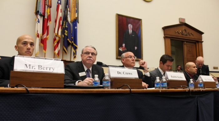 A panel brought before the US House Committee on Armed Services' Subcommittee on Military Personnel on Wednesday, November 19, 2014. From left to right: Michael Berry, senior counsel and director of Military Affairs with the Liberty Institute; Dr. Ron Crews, executive director of the Chaplain Alliance for Religious Liberty; retired US Navy chaplain Rabbi Bruce Kahn; Travis Weber, director of the Center for Religious Liberty at the Family Research Council; and Mikey Weinstein, president of the Military Religious Freedom Foundation.