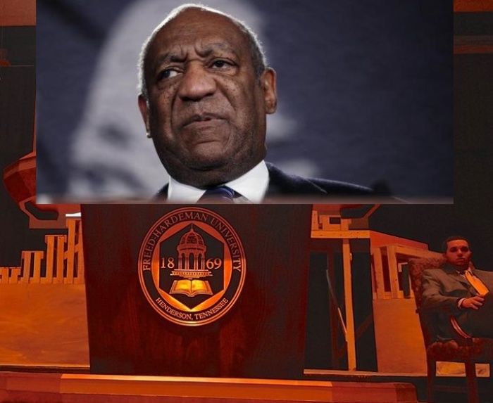 Bill Cosby (inset) and, the podium at the Freed-Hardeman University Chapel (background).