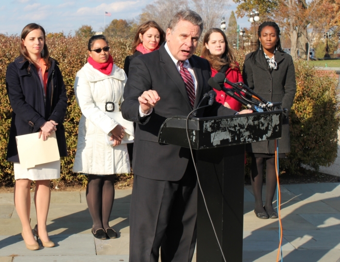 Rep. Chris Smith, R-N.J., speaks at the House Triangle just outside of the House of Representatives in Washington D.C. on Nov. 20, 2014. Smith gathered with representatives from the Family Research Council and the Charlotte Lozier Institute to announce the launch of the ObamacareAbortion.com healthcare transparency website.