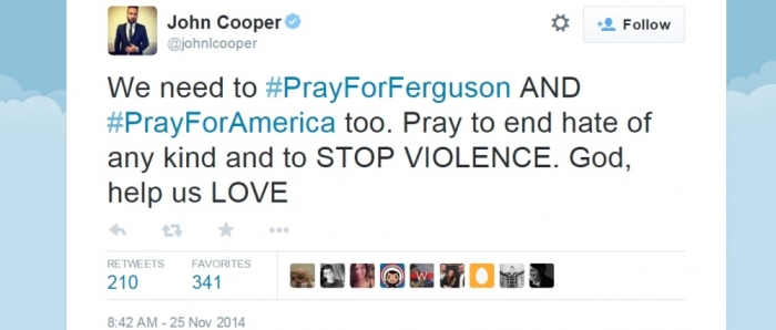 Those following the unrest that erupted in Ferguson streets used the hashtag to share prayers such as @johnlcooper's 'God, help us LOVE'