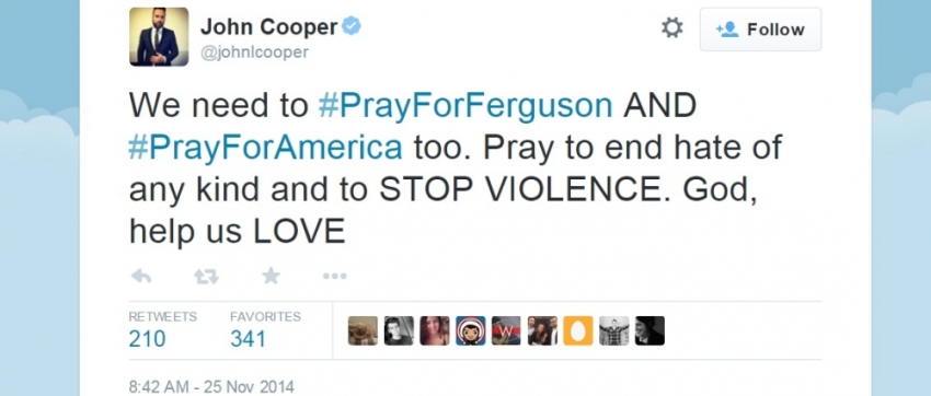 Those following the unrest that erupted in Ferguson streets used the hashtag to share prayers such as @johnlcooper's 