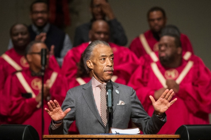 Veteran civil rights activist Al Sharpton speaks at the Friendly Temple Missionary Baptist Church in St. Louis, Missouri, November 30, 2014. Sharpton preached on Sunday to a congregation of some 2,500 worshippers at the St. Louis church where Michael Brown's funeral was held in August. The dead teen's parents were among the congregation.