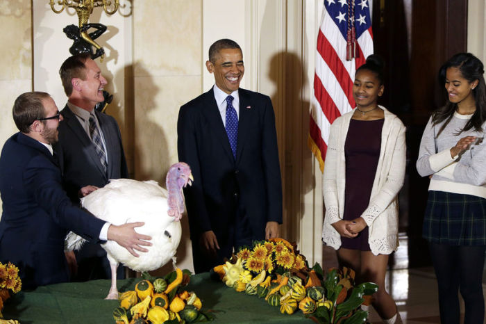 U.S. President Barack Obama, along with daughters Sasha (2nd R) and Malia (R), pardon the National Thanksgiving Turkey 'Cheese'at the White House in Washington, D.C. on Nov. 26, 2014.