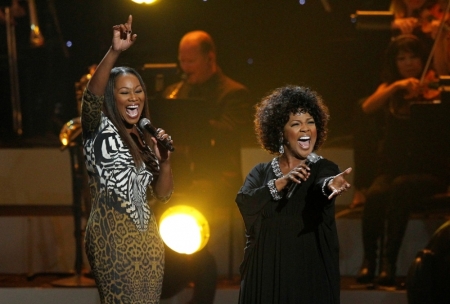 Singers Yolanda Adams (L) and CeCe Winans perform during the taping of "We Will Always Love You: A Grammy Salute To Whitney Houston" at the Nokia theatre in Los Angeles, California, October 11, 2012.