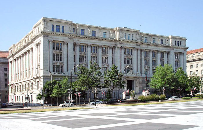 The John A. Wilson Building in Washington, DC. It houses the offices and chambers of the Mayor and the Council of the District of Columbia. It was constructed in 1908 and originally known as the District Building.