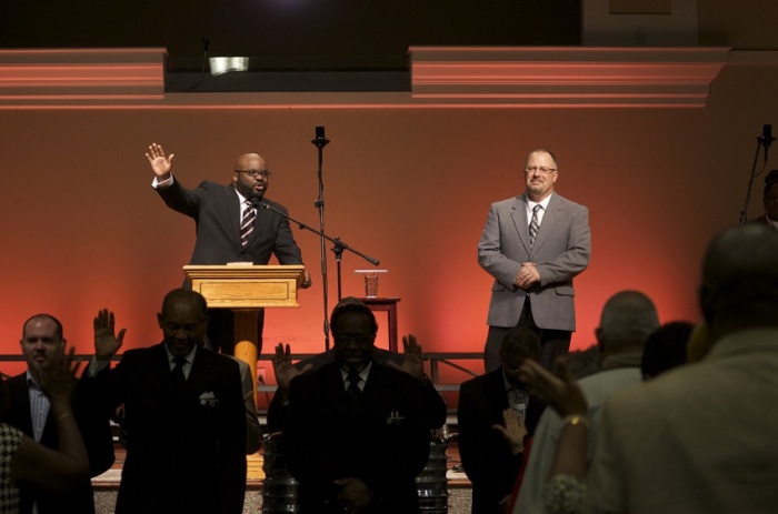 Pastor H.B. Charles Jr., (L) at church with Pastor Michael Clifford. The two will be co-pastors in a church merge that includes the coming together of a predominately black congregation with a mostly white one, (FILE).