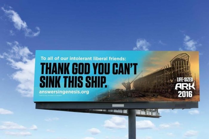 Answers in Genesis Ark Encounter project billboards going up in sixteen major cities across Kentucky in this undated image.