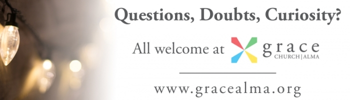 Grace church billboard graphic reading 'Questions, Doubts, Curiosity? All welcome at Grace,' put up in December, 2014 in Alma, Arkansas