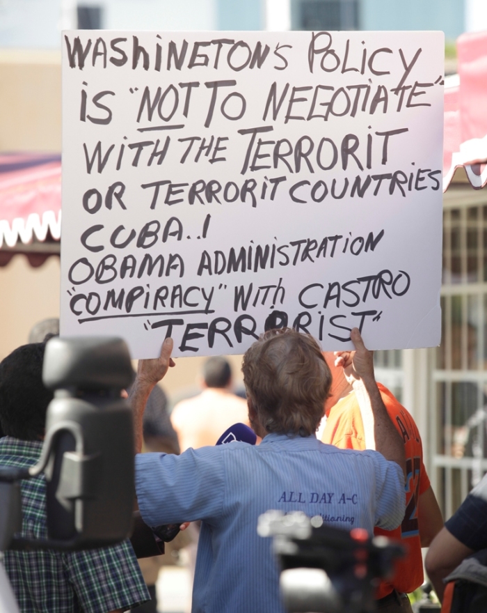 Anti-Castro activist Miguel Saavedra protests in Little Havana in Miami, Florida, December 17, 2014. News on Wednesday that the United States will restore full diplomatic relations with Cuba and open an embassy in Havana for the first time in more than a half century rippled through the 1.5-million-strong exile community in the United States, many of them lifelong opponents of communist rule.