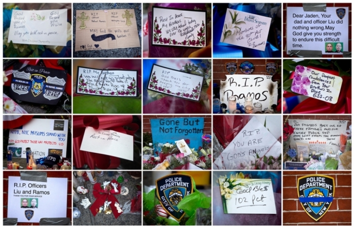 This combination image shows cards, posters and other signs of support left at a makeshift memorial at the site where two police officers were shot in the head in the Brooklyn borough of New York, December 22, 2014. NYPD officers, Wenjian Liu and Rafael Ramos were shot and killed as they sat in a marked squad car in Brooklyn on Saturday afternoon, New York Police Commissioner William Bratton said. The suspect in the shooting then shot and killed himself, according to Bratton.